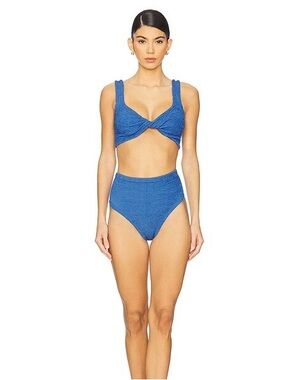 New Hunza G Jamie Textured High-Waisted Bikini in Blue Metallic Denim $456 MSRP